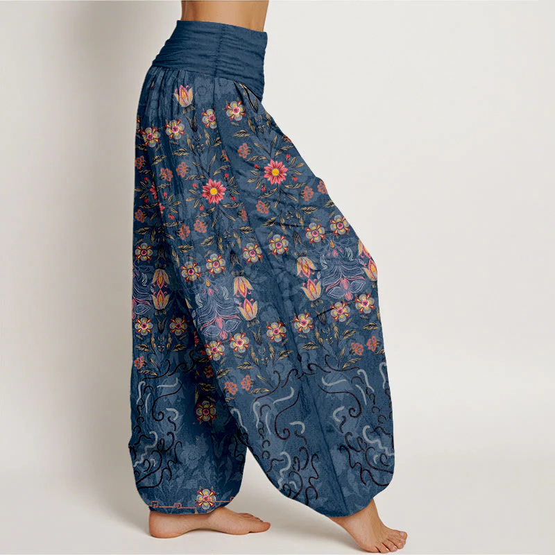 Pantaloni harem da donna con elastico in vita, in puro cotone, con motivo floreale multicolore Buddha Stones - Image 8