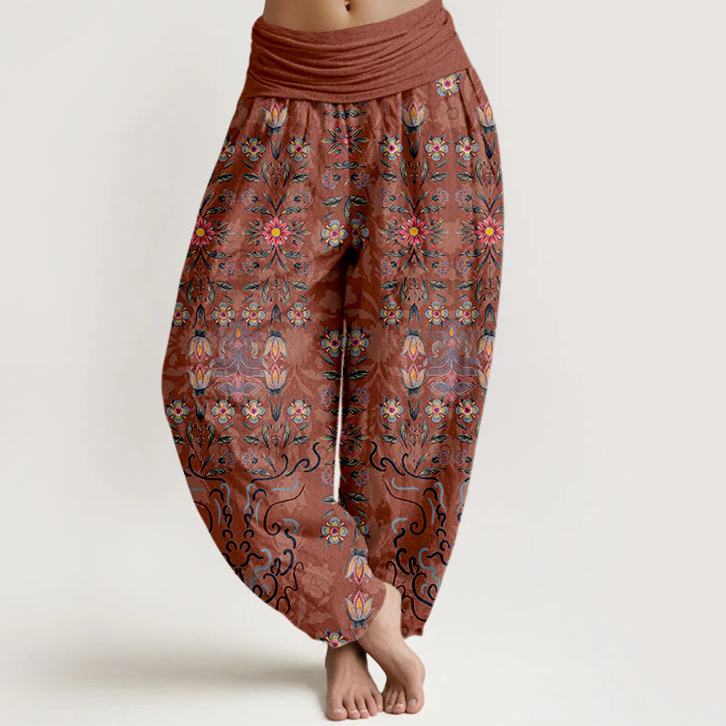 Pantaloni harem da donna con elastico in vita, in puro cotone, con motivo floreale multicolore Buddha Stones - Image 9