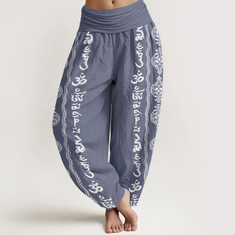 Pantaloni harem da donna con elastico in vita, in puro cotone, con motivo mandala Om Mani Padme Hum Buddha Stones