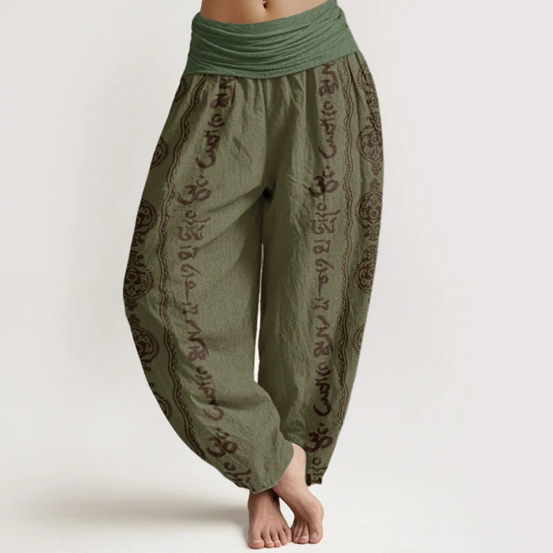 Pantaloni harem da donna con elastico in vita, in puro cotone, con motivo mandala Om Mani Padme Hum Buddha Stones - Image 6