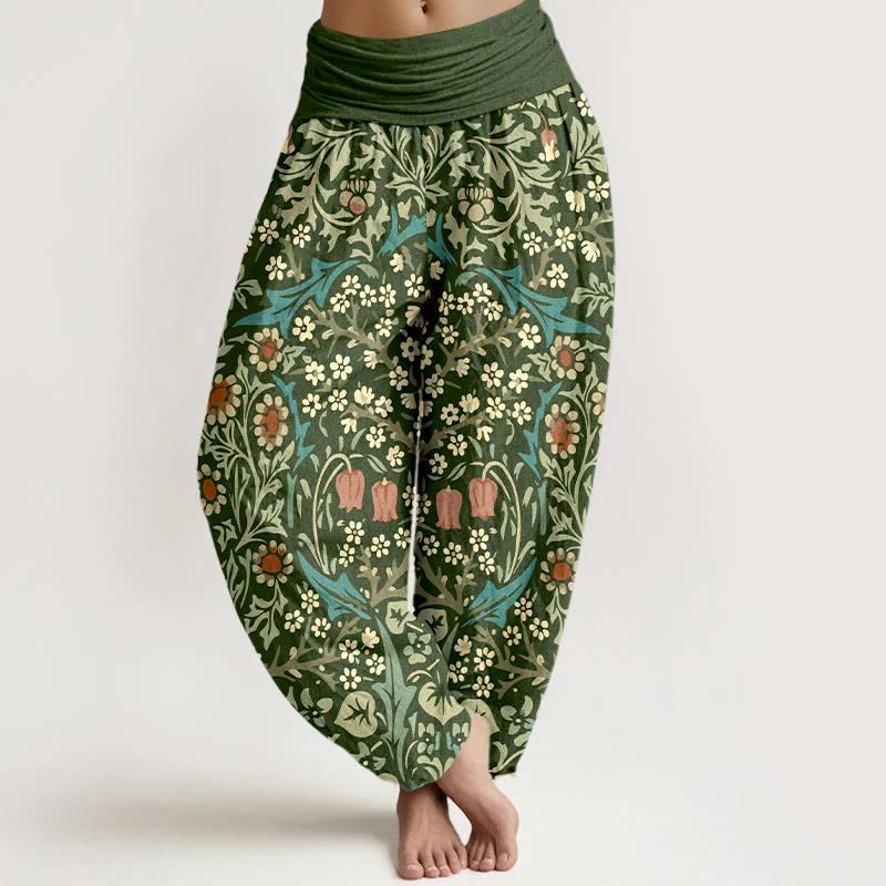 Pantaloni harem da donna con elastico in vita, in puro cotone, con motivo retrò di fiori e foglie, motivo Buddha Stones
