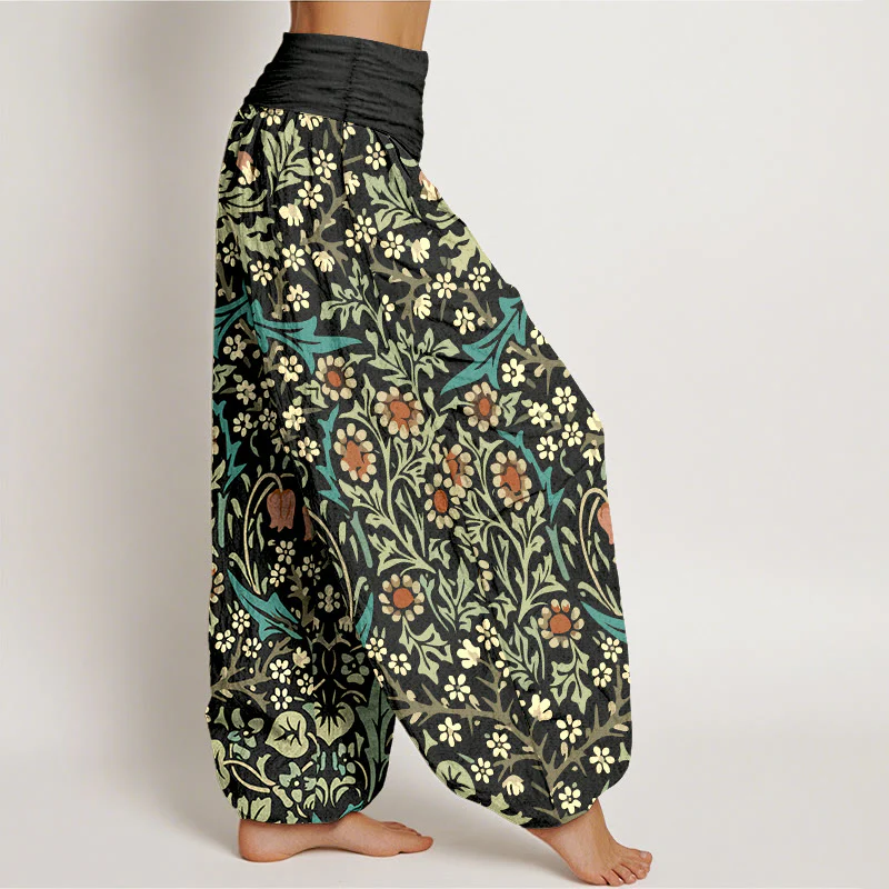 Pantaloni harem da donna con elastico in vita, in puro cotone, con motivo retrò di fiori e foglie, motivo Buddha Stones - Image 11