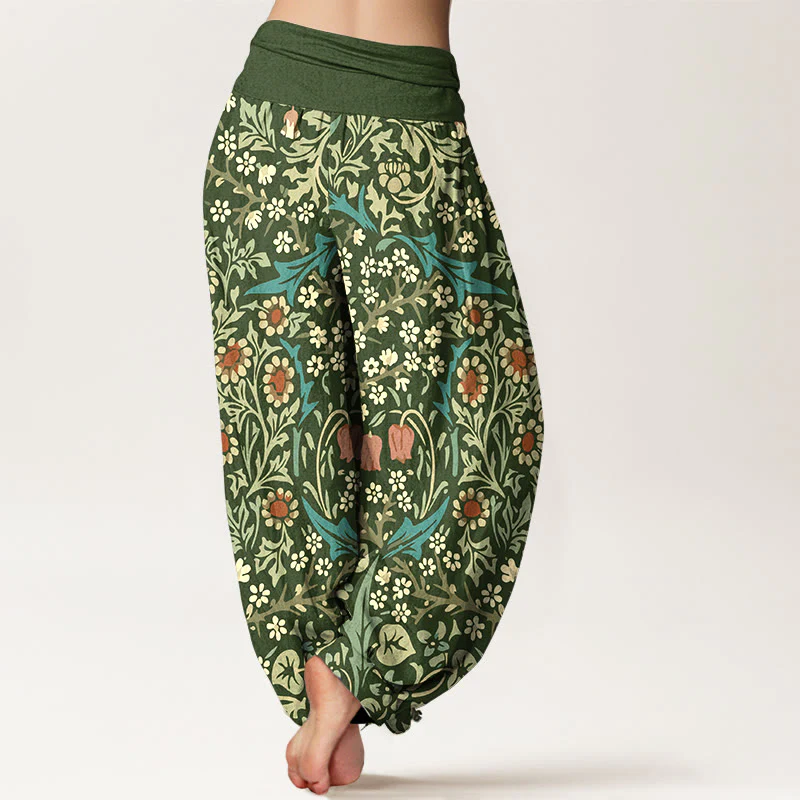 Pantaloni harem da donna con elastico in vita, in puro cotone, con motivo retrò di fiori e foglie, motivo Buddha Stones - Image 2