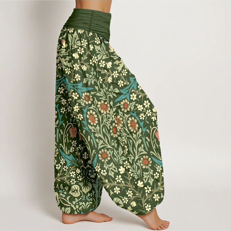 Pantaloni harem da donna con elastico in vita, in puro cotone, con motivo retrò di fiori e foglie, motivo Buddha Stones - Image 3