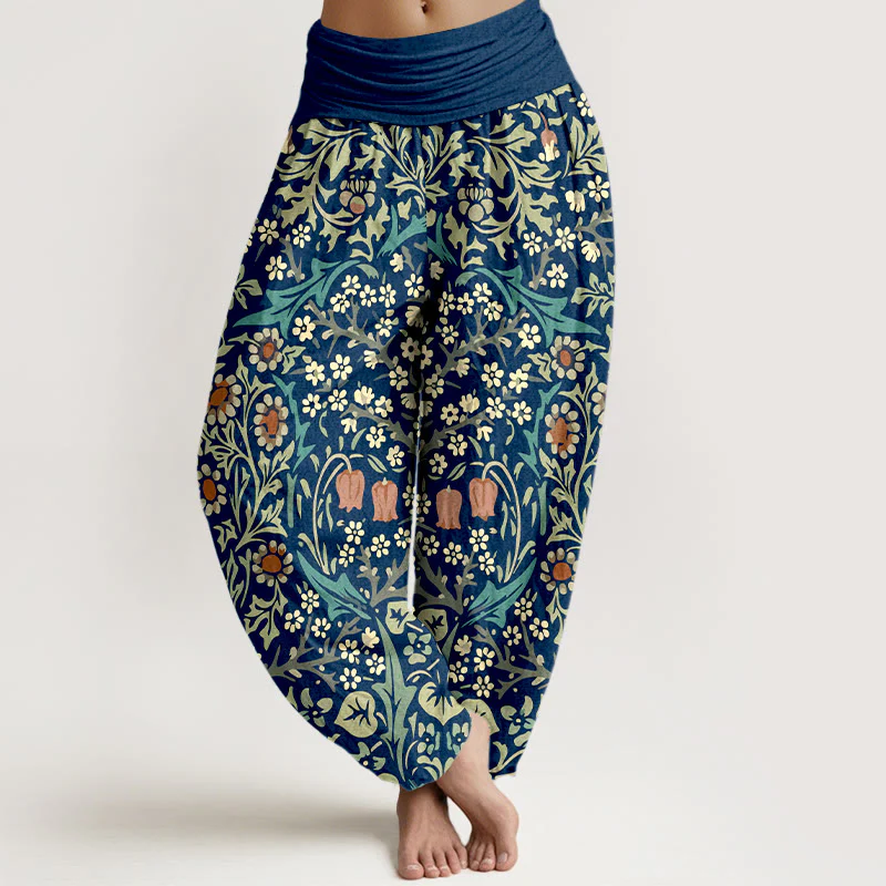 Pantaloni harem da donna con elastico in vita, in puro cotone, con motivo retrò di fiori e foglie, motivo Buddha Stones - Image 6