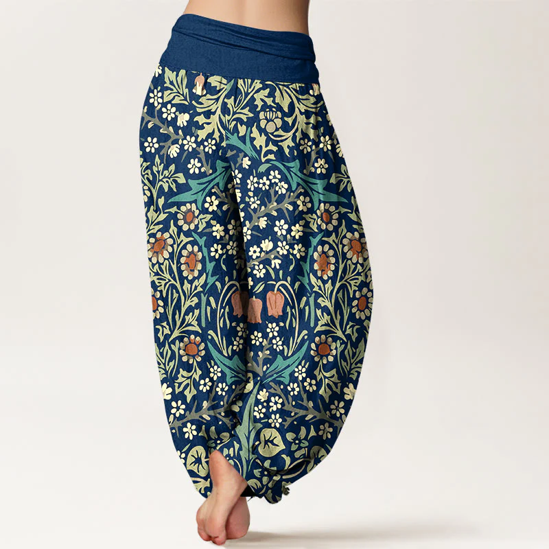 Pantaloni harem da donna con elastico in vita, in puro cotone, con motivo retrò di fiori e foglie, motivo Buddha Stones - Image 7