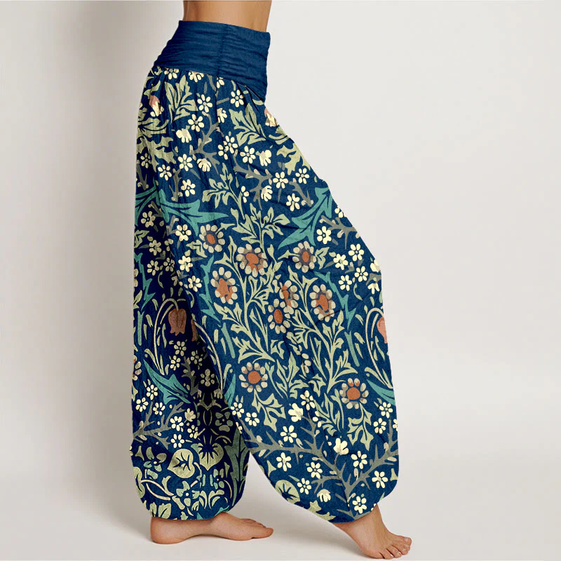 Pantaloni harem da donna con elastico in vita, in puro cotone, con motivo retrò di fiori e foglie, motivo Buddha Stones - Image 8
