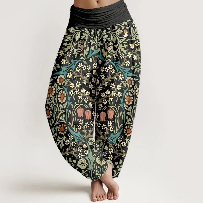 Pantaloni harem da donna con elastico in vita, in puro cotone, con motivo retrò di fiori e foglie, motivo Buddha Stones - Image 9