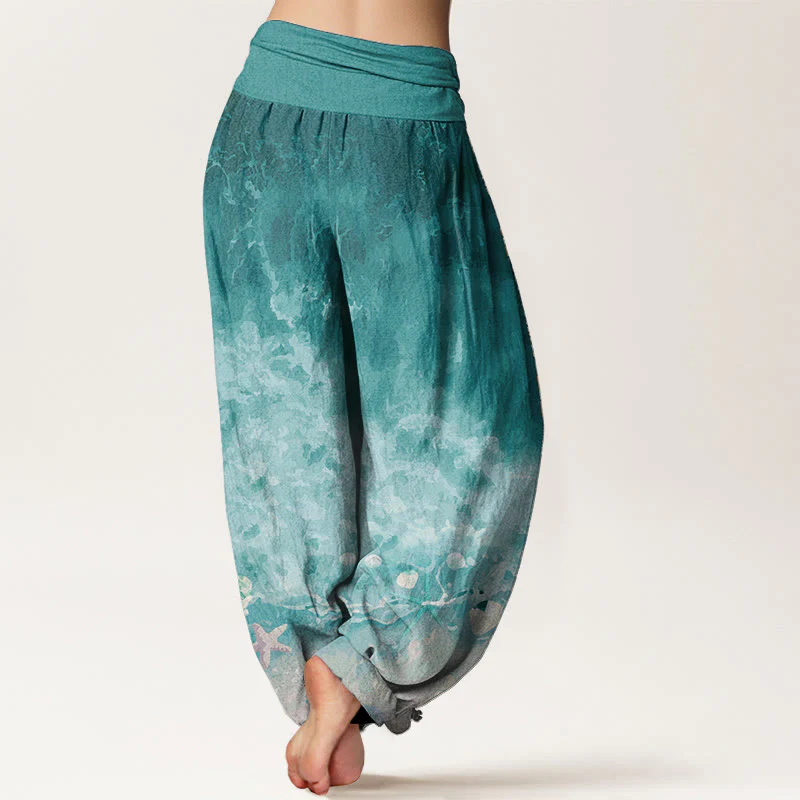 Pantaloni harem da donna con elastico in vita, in puro cotone con motivo "Vast Ocean" Buddha Stones - Image 2