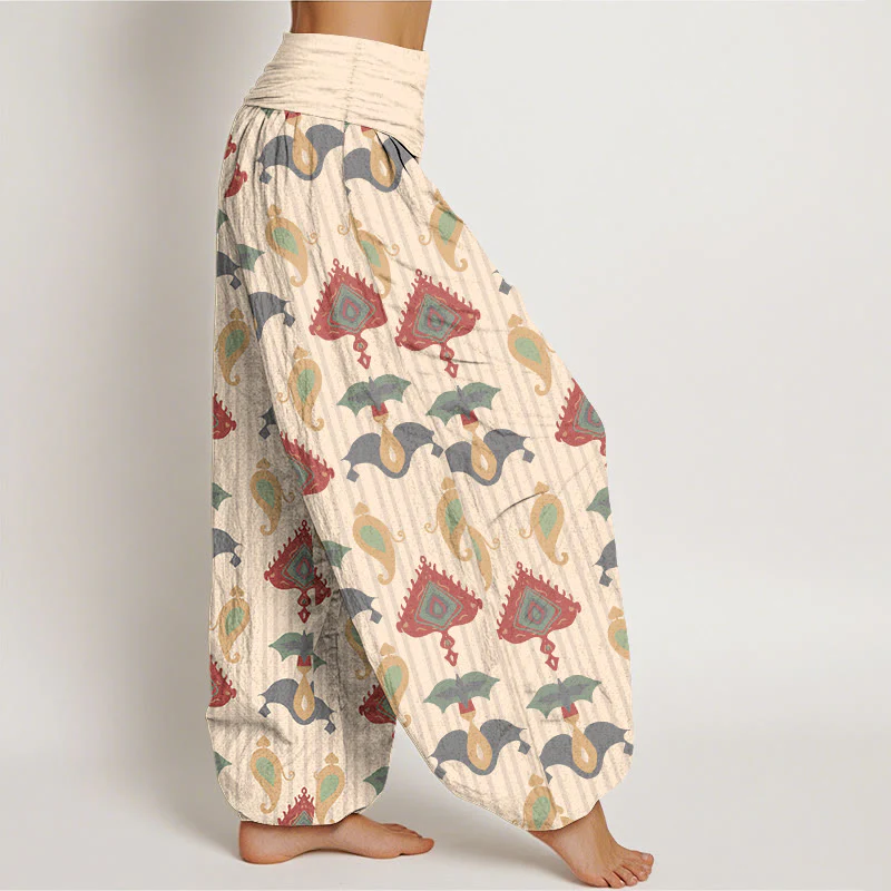 Pantaloni harem da donna con elastico in vita, in puro cotone, con triangolo, fiamma, forme geometriche e piume, motivo Buddha Stones - Image 11