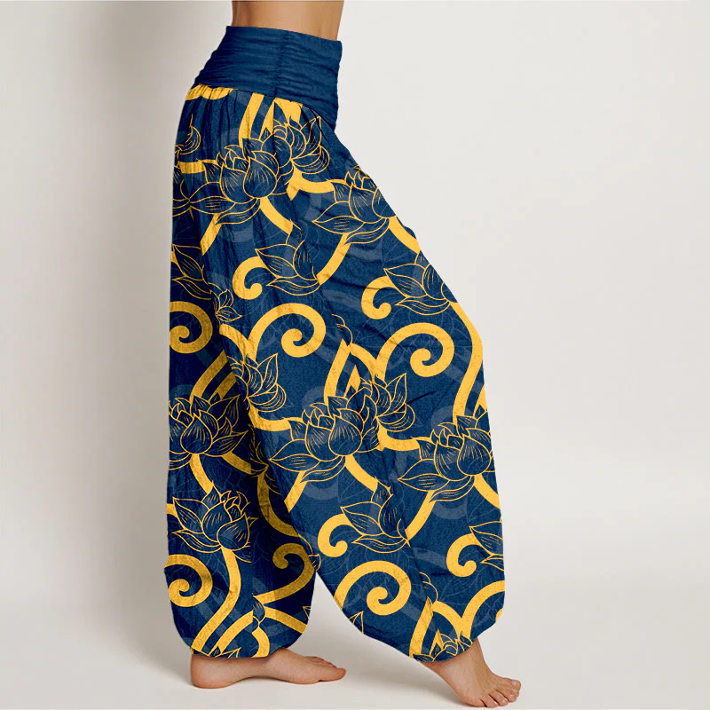 Pantaloni harem da donna con elastico in vita, in puro cotone, eleganti e splendidi, con motivo a volute di loto - Image 11