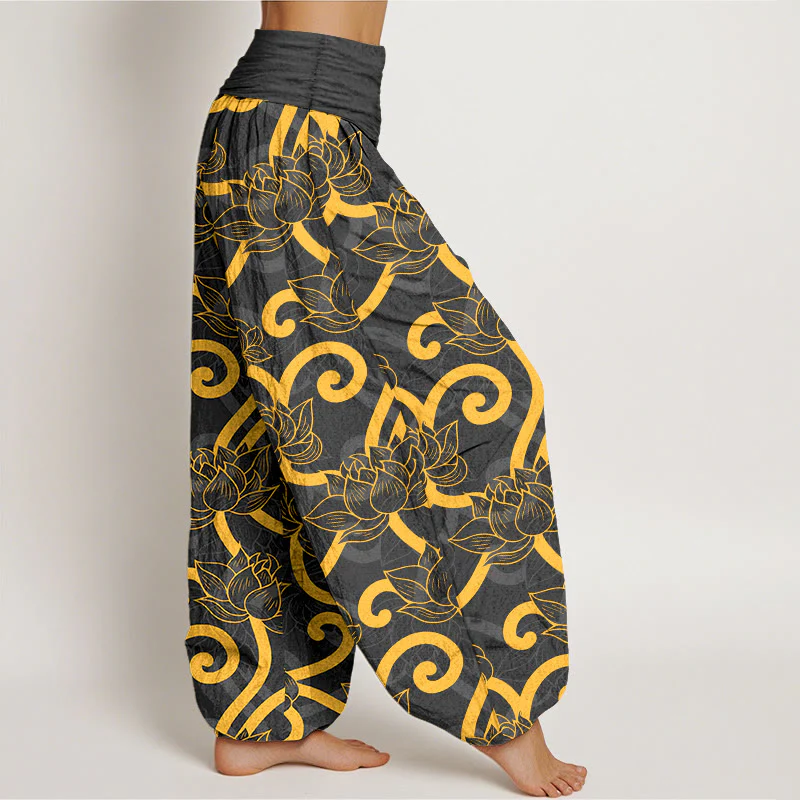 Pantaloni harem da donna con elastico in vita, in puro cotone, eleganti e splendidi, con motivo a volute di loto - Image 8