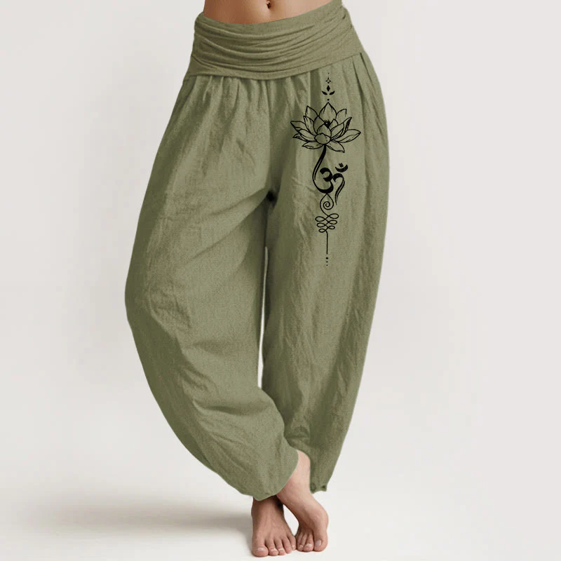 Pantaloni harem da donna con elastico in vita, in puro cotone, stile minimalista, motivo con simbolo del loto Om, motivo Buddha Stones - Image 15