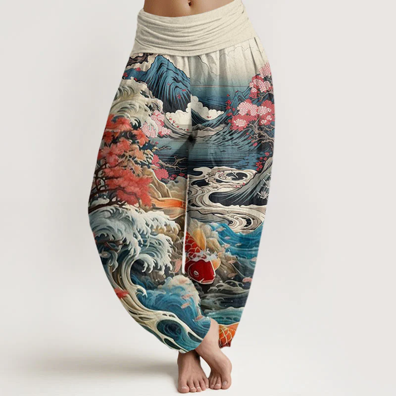 Pantaloni harem da donna con elastico in vita, in cotone, casual, motivo con albero in Buddha Stones , pesce koi, onda e montagna