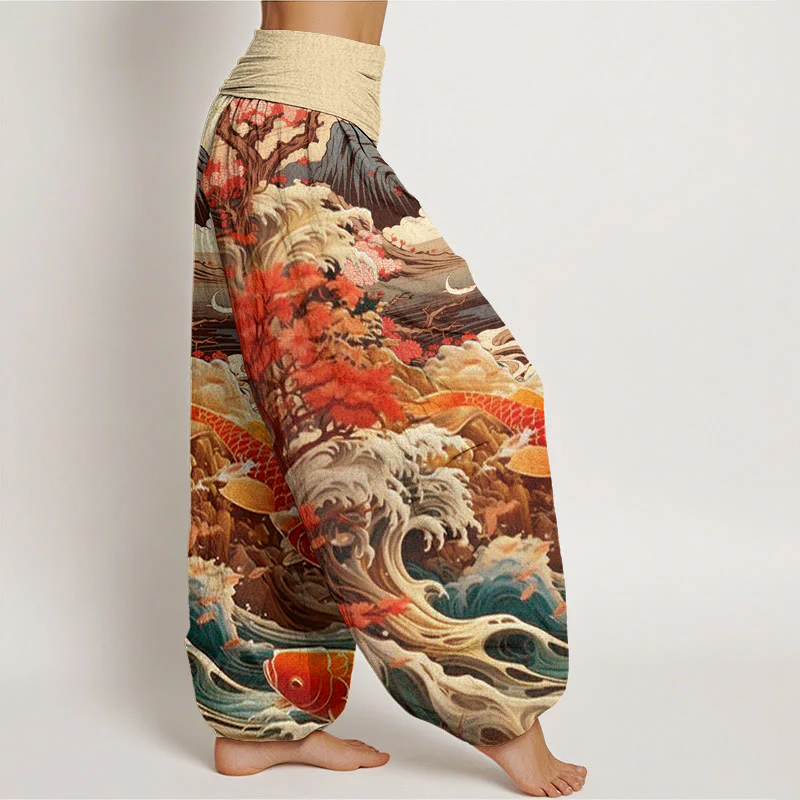 Pantaloni harem da donna con elastico in vita, in cotone, casual, motivo con albero in Buddha Stones , pesce koi, onda e montagna - Image 10
