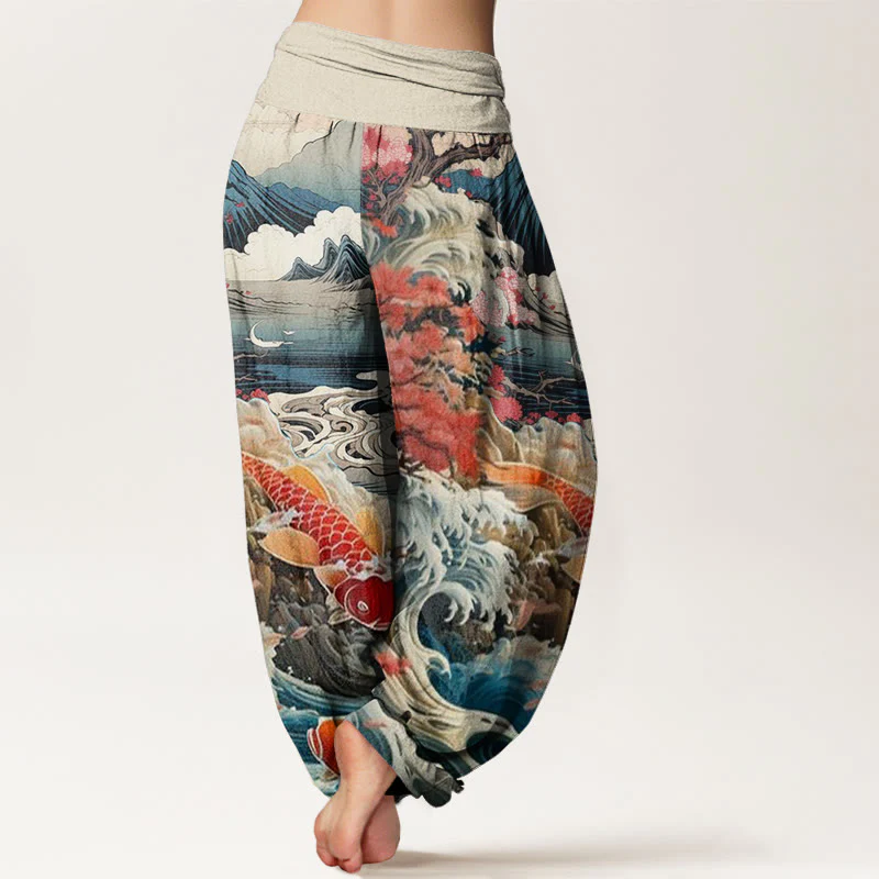 Pantaloni harem da donna con elastico in vita, in cotone, casual, motivo con albero in Buddha Stones , pesce koi, onda e montagna - Image 2