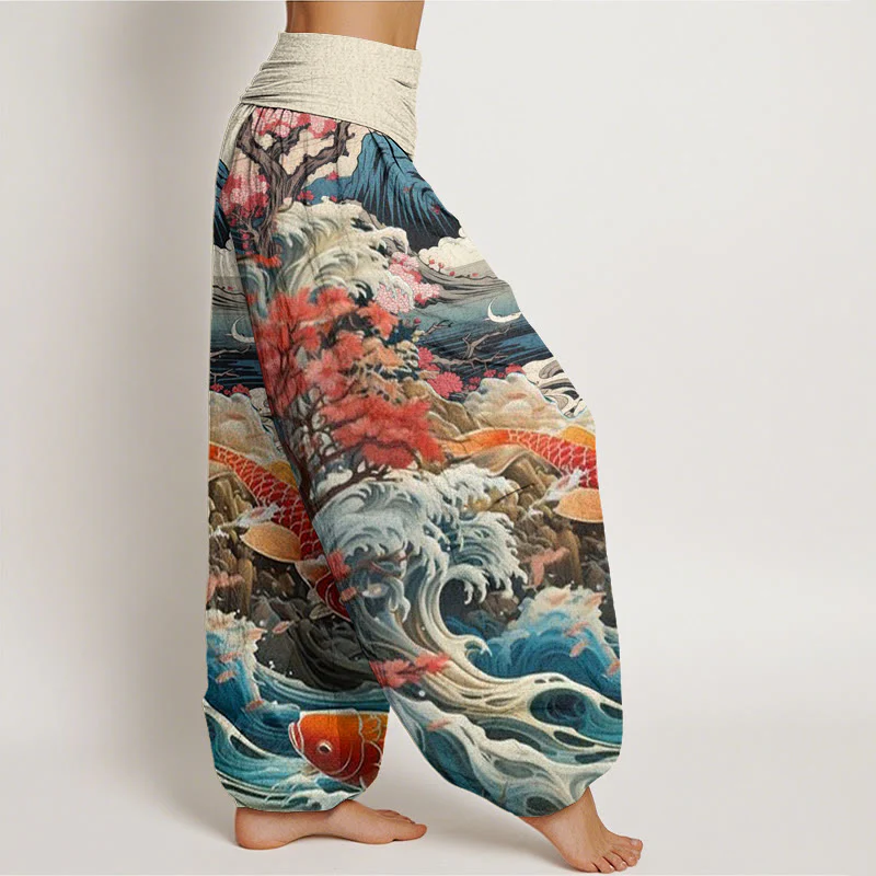 Pantaloni harem da donna con elastico in vita, in cotone, casual, motivo con albero in Buddha Stones , pesce koi, onda e montagna - Image 3