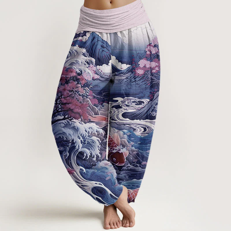 Pantaloni harem da donna con elastico in vita, in cotone, casual, motivo con albero in Buddha Stones , pesce koi, onda e montagna - Image 5