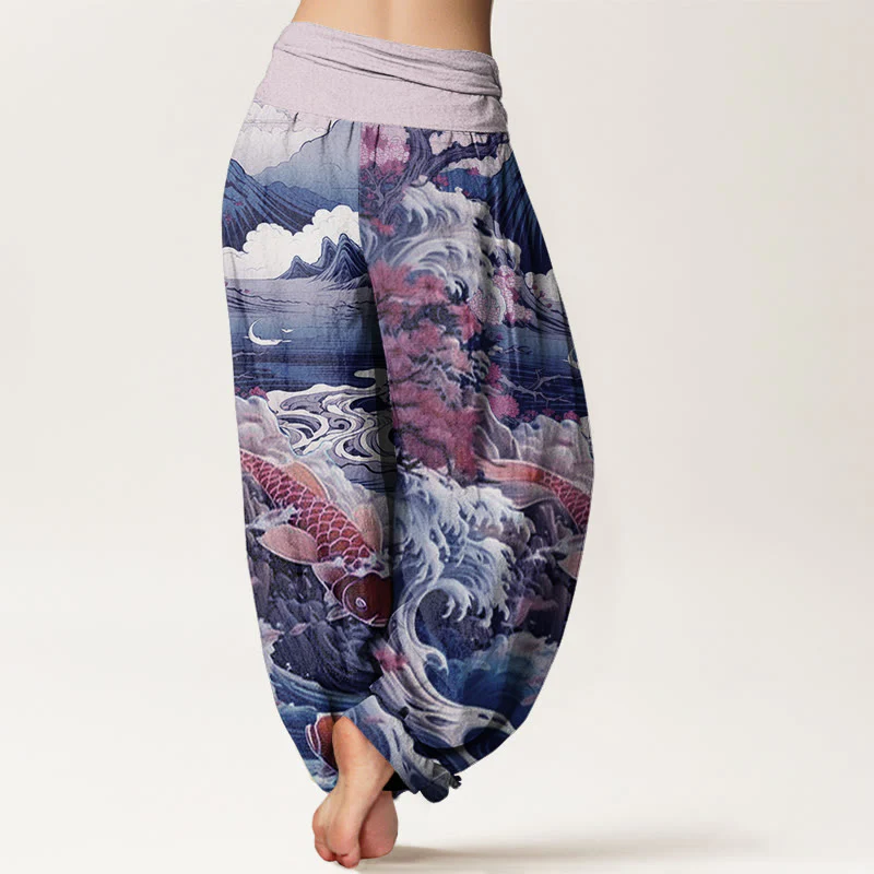 Pantaloni harem da donna con elastico in vita, in cotone, casual, motivo con albero in Buddha Stones , pesce koi, onda e montagna - Image 6