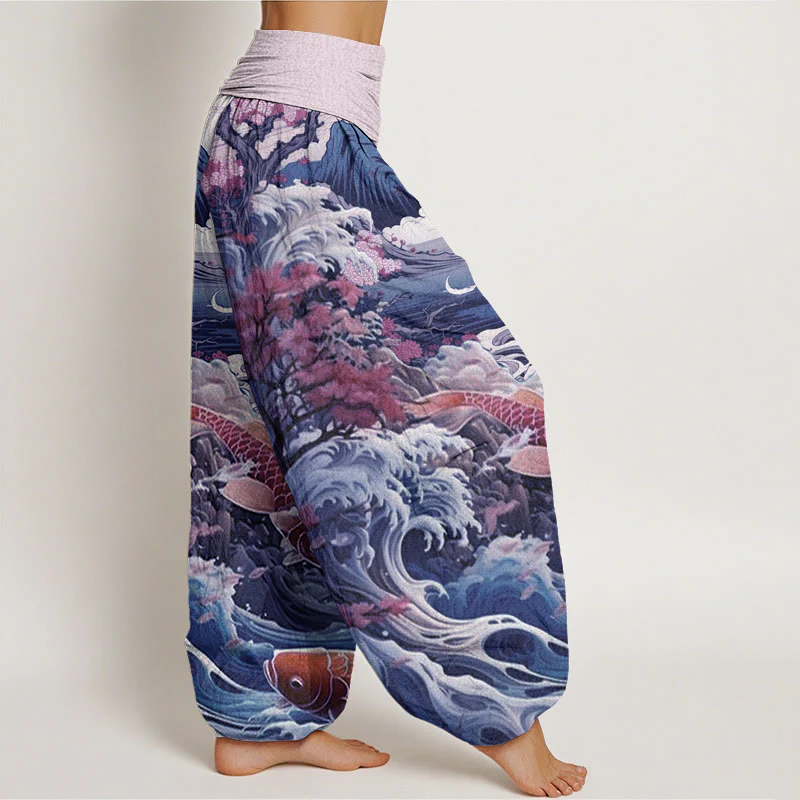 Pantaloni harem da donna con elastico in vita, in cotone, casual, motivo con albero in Buddha Stones , pesce koi, onda e montagna - Image 7