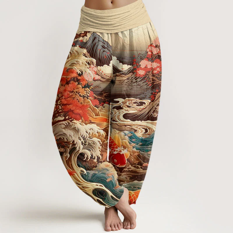 Pantaloni harem da donna con elastico in vita, in cotone, casual, motivo con albero in Buddha Stones , pesce koi, onda e montagna - Image 8