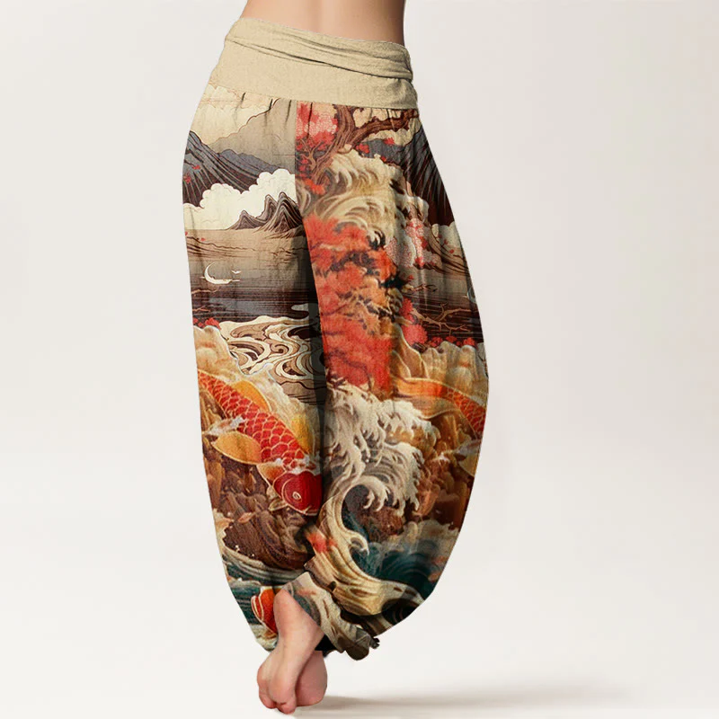 Pantaloni harem da donna con elastico in vita, in cotone, casual, motivo con albero in Buddha Stones , pesce koi, onda e montagna - Image 9