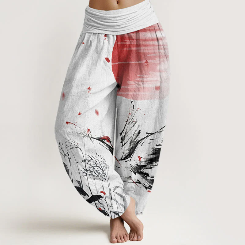 Pantaloni harem da donna con elastico in vita, in cotone, casual, con motivo a gru e sole, con corona rossa Buddha Stones