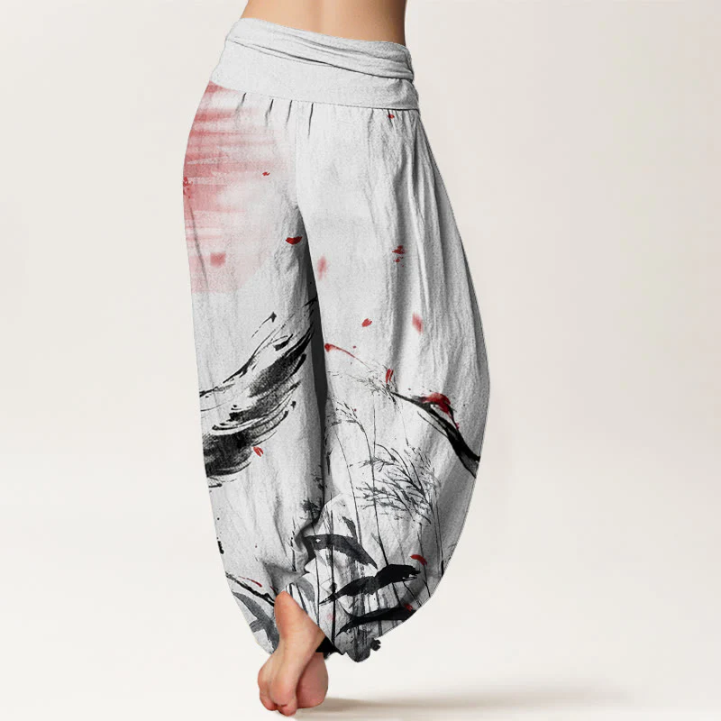 Pantaloni harem da donna con elastico in vita, in cotone, casual, con motivo a gru e sole, con corona rossa Buddha Stones - Image 2
