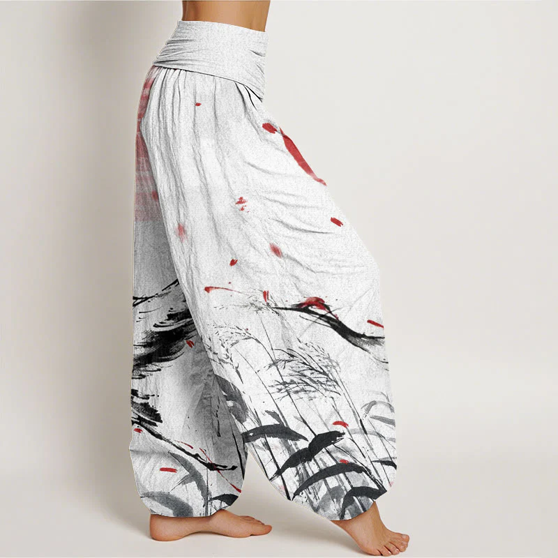 Pantaloni harem da donna con elastico in vita, in cotone, casual, con motivo a gru e sole, con corona rossa Buddha Stones - Image 3