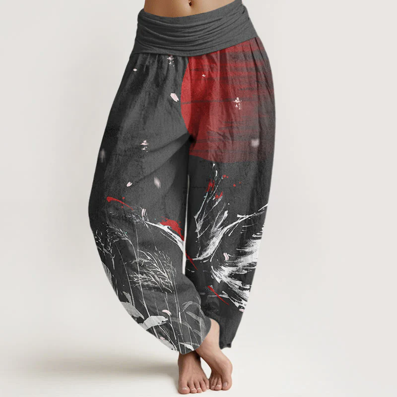 Pantaloni harem da donna con elastico in vita, in cotone, casual, con motivo a gru e sole, con corona rossa Buddha Stones - Image 5