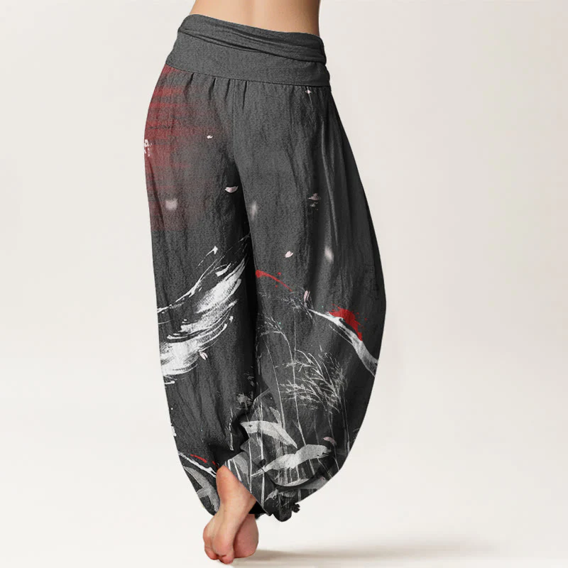 Pantaloni harem da donna con elastico in vita, in cotone, casual, con motivo a gru e sole, con corona rossa Buddha Stones - Image 6