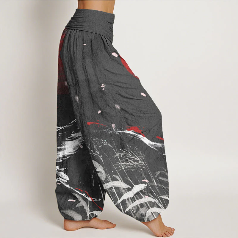 Pantaloni harem da donna con elastico in vita, in cotone, casual, con motivo a gru e sole, con corona rossa Buddha Stones - Image 7