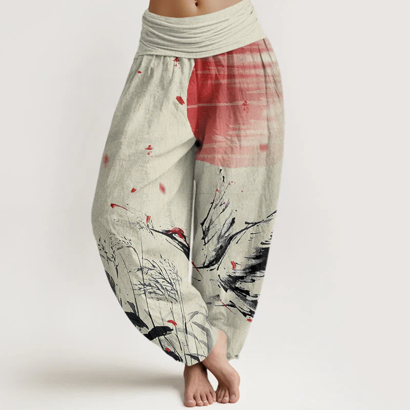 Pantaloni harem da donna con elastico in vita, in cotone, casual, con motivo a gru e sole, con corona rossa Buddha Stones - Image 8