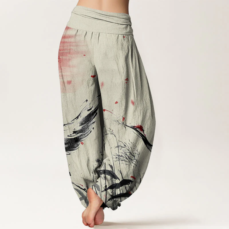 Pantaloni harem da donna con elastico in vita, in cotone, casual, con motivo a gru e sole, con corona rossa Buddha Stones - Image 9