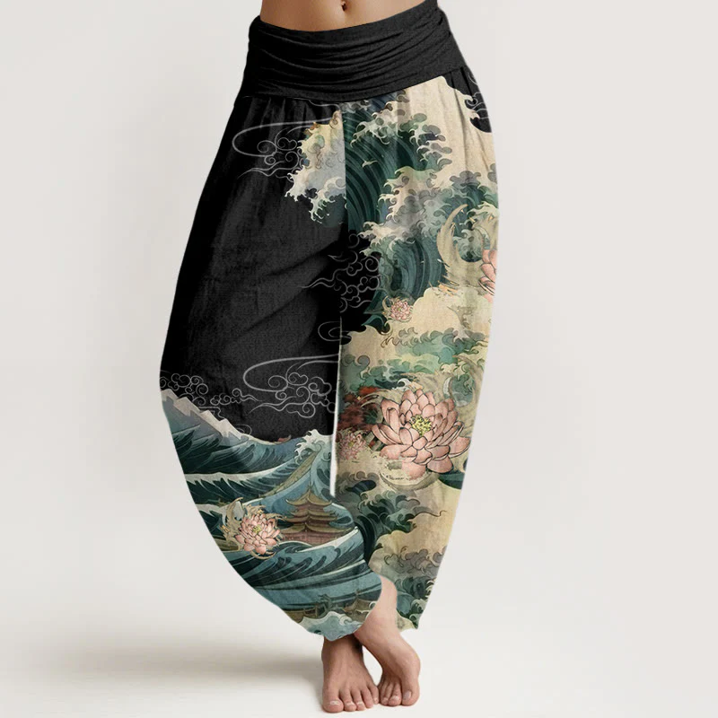 Pantaloni harem da donna con elastico in vita, in cotone, casual, motivo a padiglione con onde di loto in fiore, motivo Buddha Stones