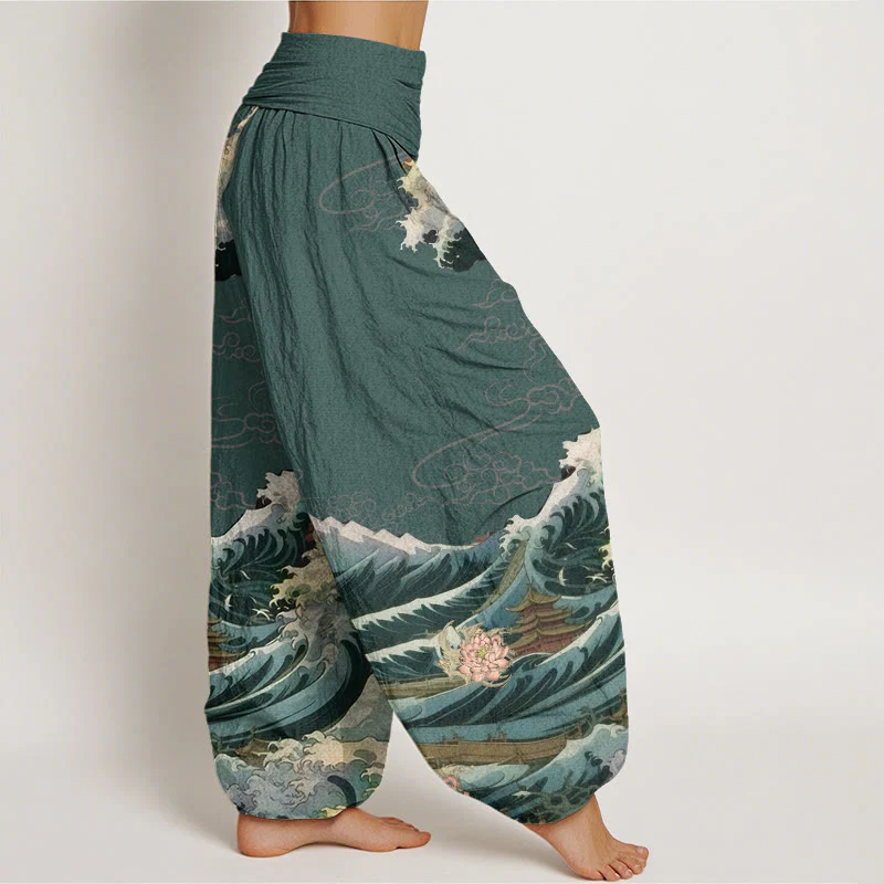 Pantaloni harem da donna con elastico in vita, in cotone, casual, motivo a padiglione con onde di loto in fiore, motivo Buddha Stones - Image 10