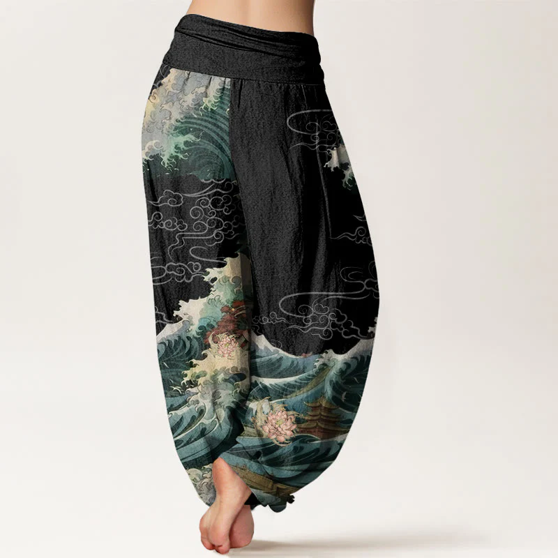 Pantaloni harem da donna con elastico in vita, in cotone, casual, motivo a padiglione con onde di loto in fiore, motivo Buddha Stones - Image 2