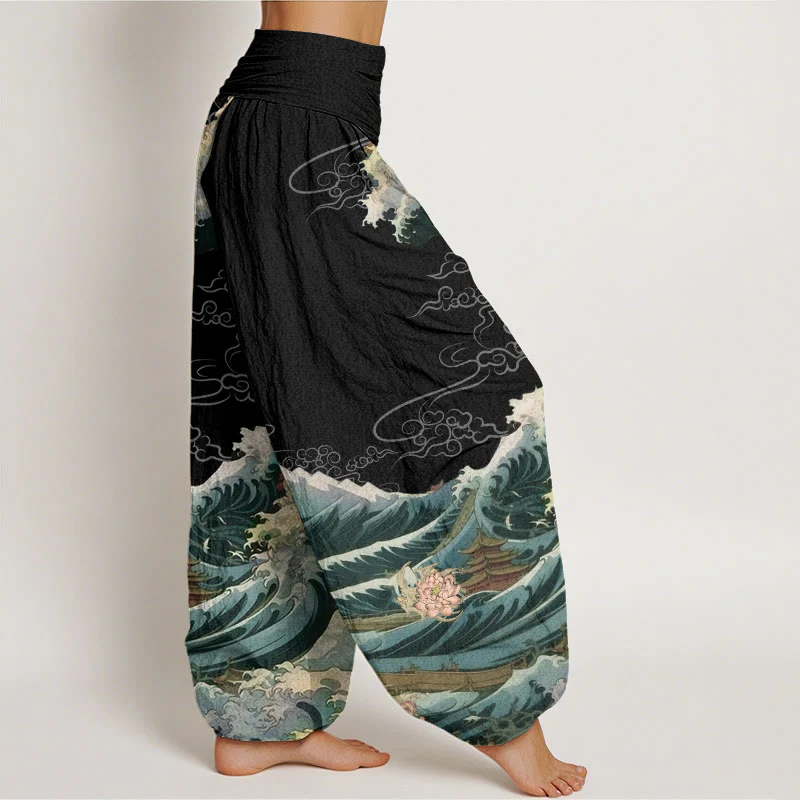 Pantaloni harem da donna con elastico in vita, in cotone, casual, motivo a padiglione con onde di loto in fiore, motivo Buddha Stones - Image 3