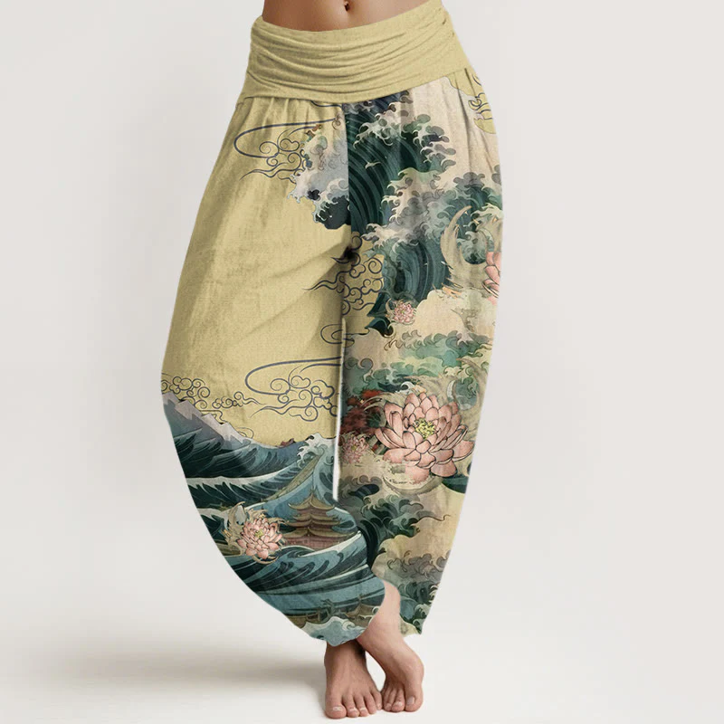 Pantaloni harem da donna con elastico in vita, in cotone, casual, motivo a padiglione con onde di loto in fiore, motivo Buddha Stones - Image 5