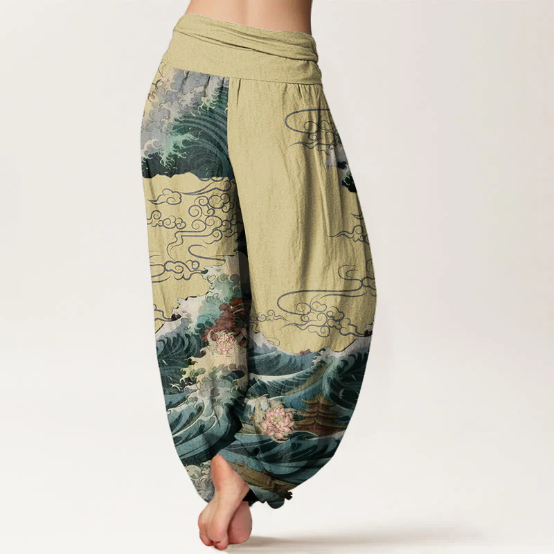 Pantaloni harem da donna con elastico in vita, in cotone, casual, motivo a padiglione con onde di loto in fiore, motivo Buddha Stones - Image 6