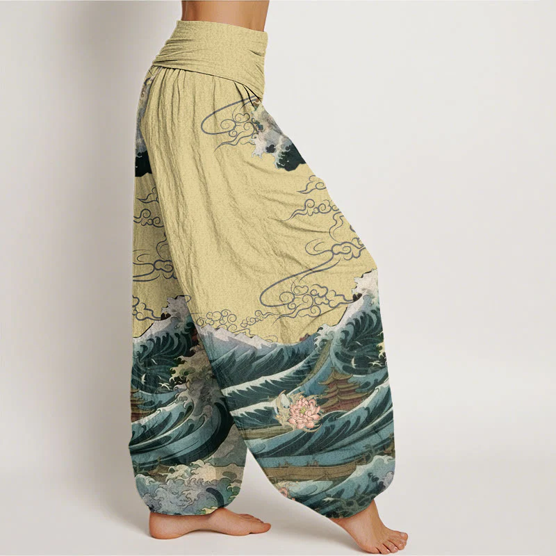 Pantaloni harem da donna con elastico in vita, in cotone, casual, motivo a padiglione con onde di loto in fiore, motivo Buddha Stones - Image 7