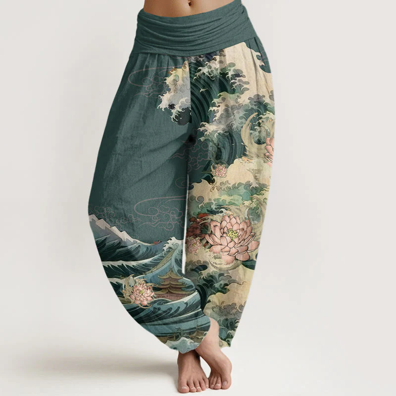 Pantaloni harem da donna con elastico in vita, in cotone, casual, motivo a padiglione con onde di loto in fiore, motivo Buddha Stones - Image 8