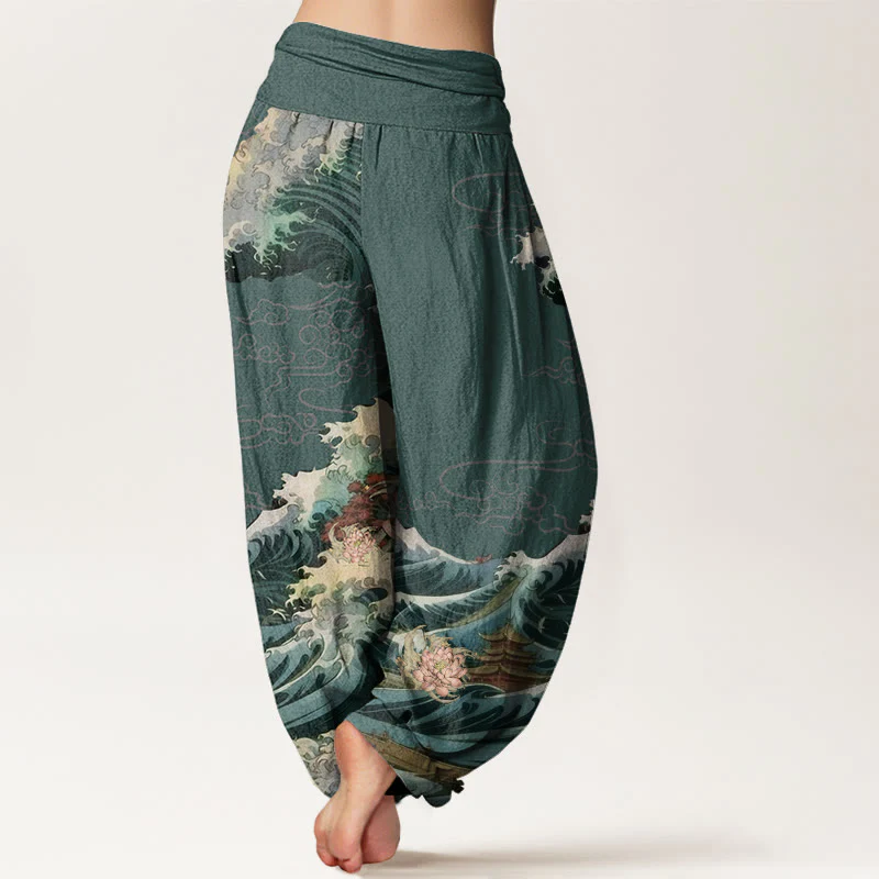 Pantaloni harem da donna con elastico in vita, in cotone, casual, motivo a padiglione con onde di loto in fiore, motivo Buddha Stones - Image 9