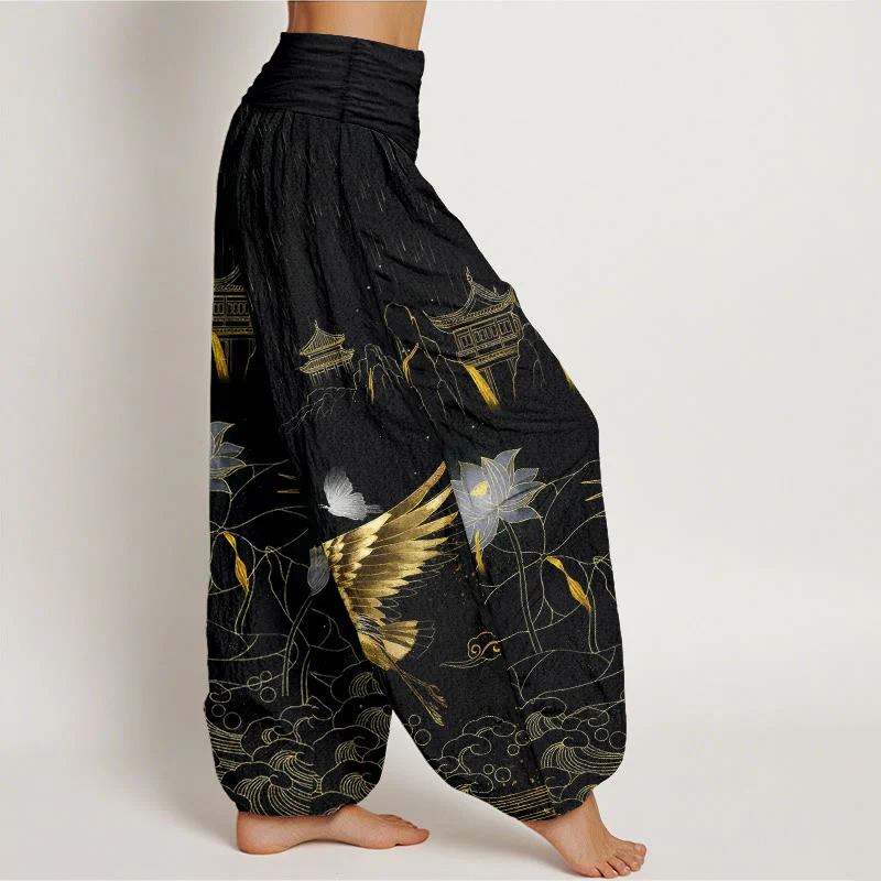 Pantaloni harem da donna con elastico in vita, modello Buddha Stones Cotton Crane Lotus Mountain Pavilion - Image 3