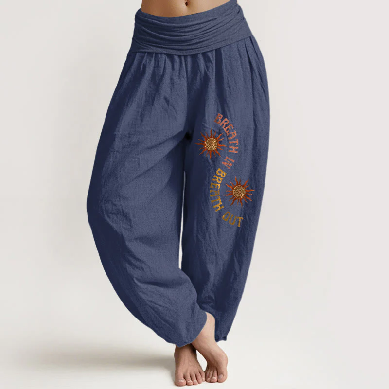 Pantaloni harem da donna con elastico in vita, modello Buddha Stones in puro cotone, tonalità calde, sole e frasi in inglese - Image 6