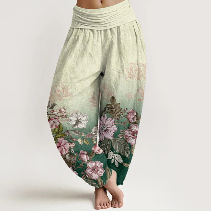 Pantaloni harem da donna con elastico in vita, motivo a petali e foglie, in cotone, casual e sfumati, con Buddha Stones