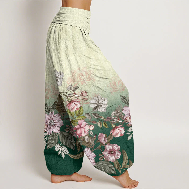 Pantaloni harem da donna con elastico in vita, motivo a petali e foglie, in cotone, casual e sfumati, con Buddha Stones - Image 2