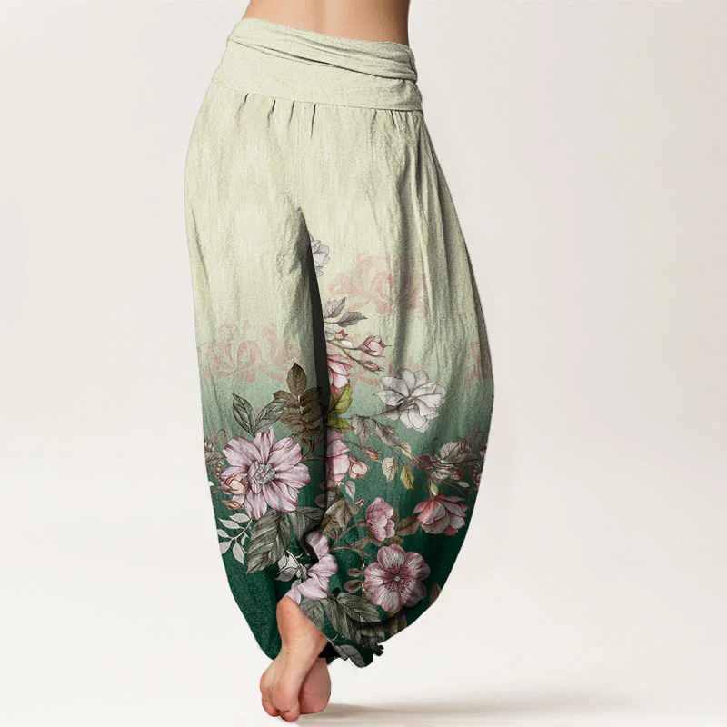 Pantaloni harem da donna con elastico in vita, motivo a petali e foglie, in cotone, casual e sfumati, con Buddha Stones - Image 3