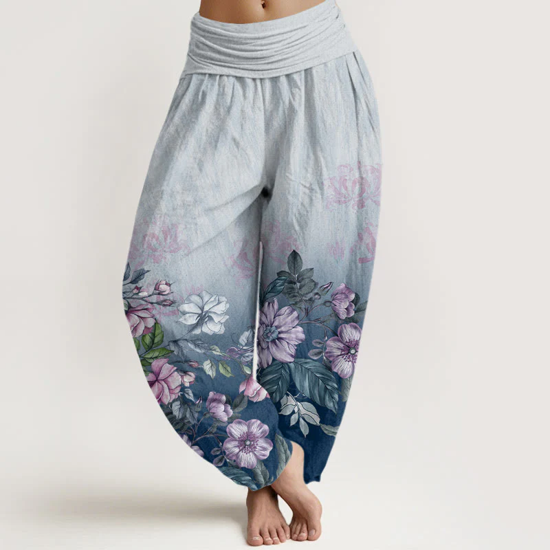 Pantaloni harem da donna con elastico in vita, motivo a petali e foglie, in cotone, casual e sfumati, con Buddha Stones - Image 5