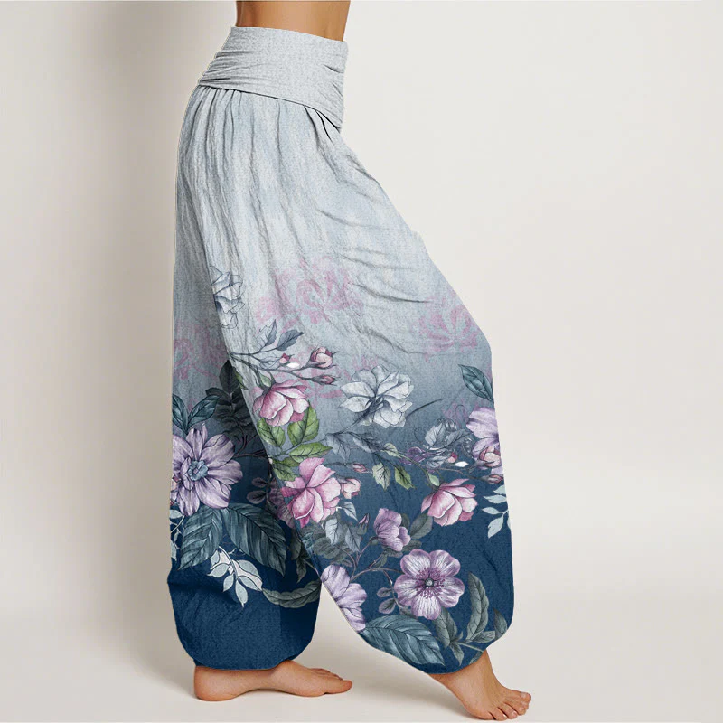Pantaloni harem da donna con elastico in vita, motivo a petali e foglie, in cotone, casual e sfumati, con Buddha Stones - Image 6